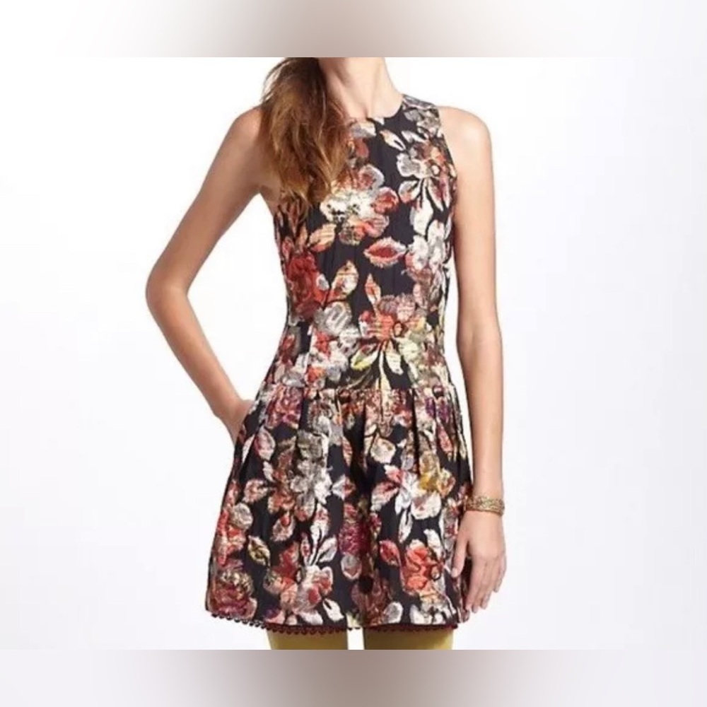 Leifsdottir Anthropologie Adelita Floral Fit & Flare Brocade Metallic Dress Sz S